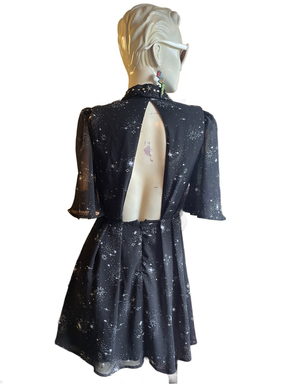 Topshop Black ✨ Celestial Star-Print bell Sleeve Fit & Flare Dress - Picture 5 of 11